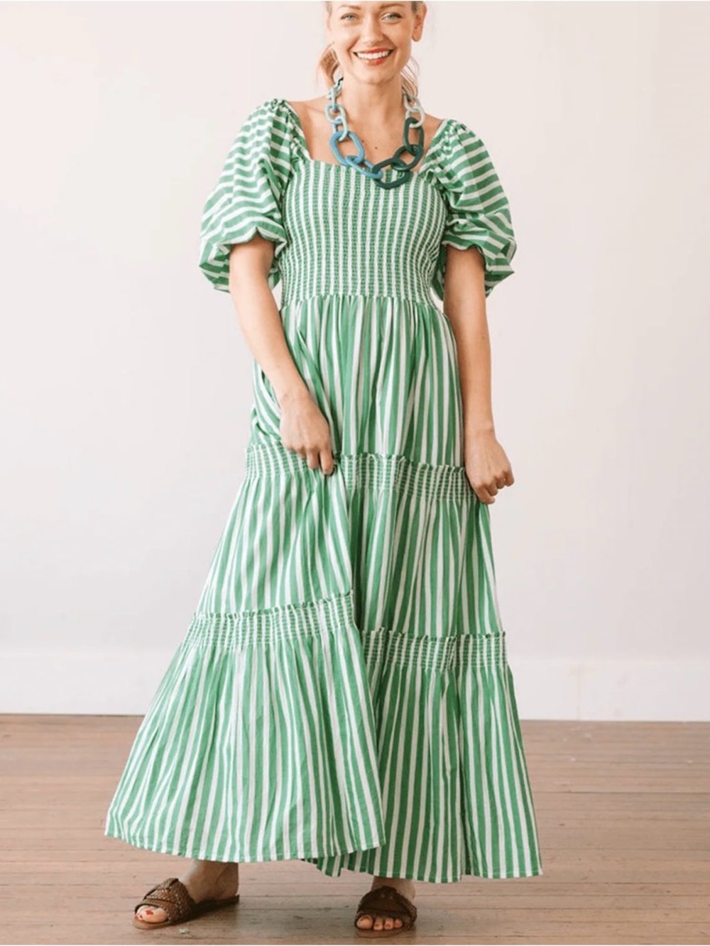 GREEN AND WHITE STRIPE TULA Square-Neck Maxi Dress - Smocked Bodice NWT - Picture 2 of 6